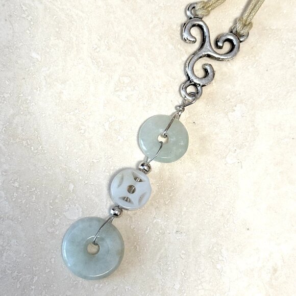 Jewelry - Genuine Light Green Nephrite Eternity Ring Necklace, Lariat Pendant & Waxed Cord